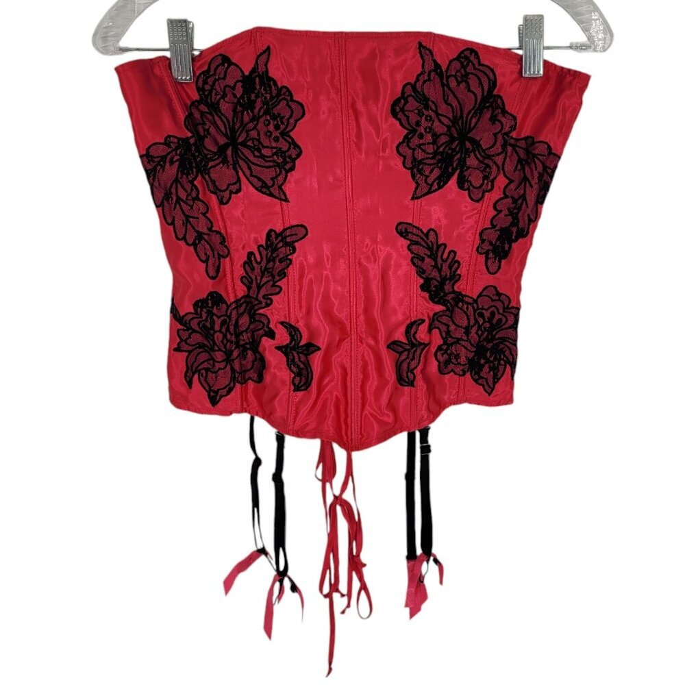 Fredericks of hollywood 32 Pink black floral lace bustier corset garter straps